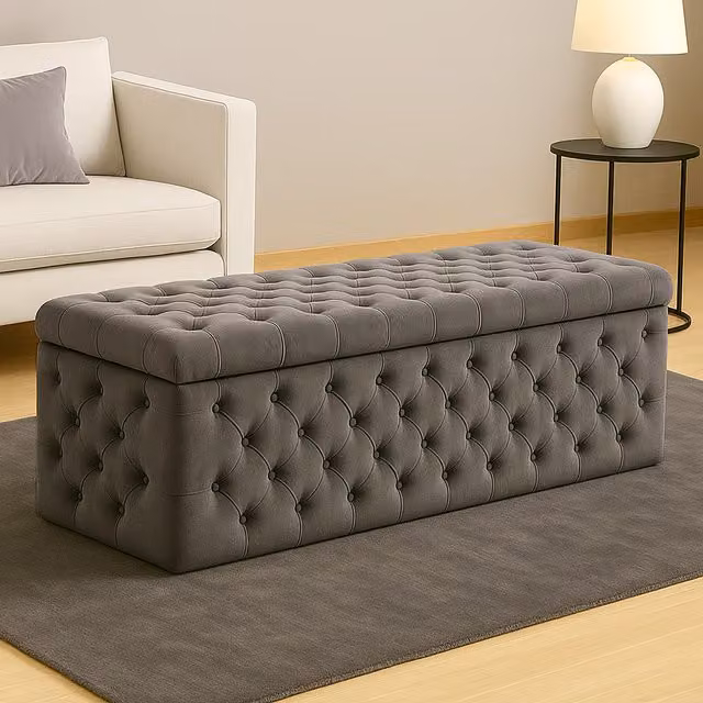 R&M Furnishers Wide Lux Chesterfield Ottoman Storage Box in Steel Grey Plush Velvet