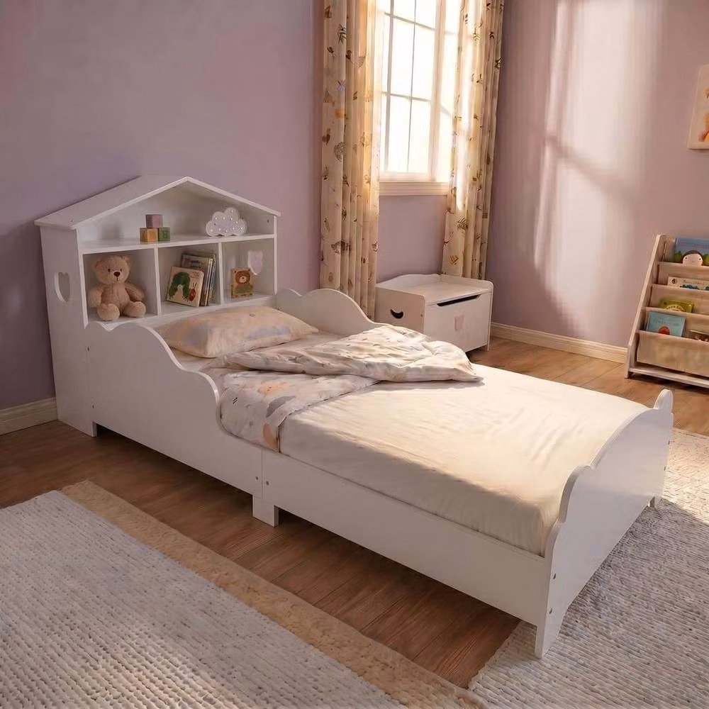PAWNORA Solid Wood Toddler Bed Frame with House Frame and Side Compartments in White – 2