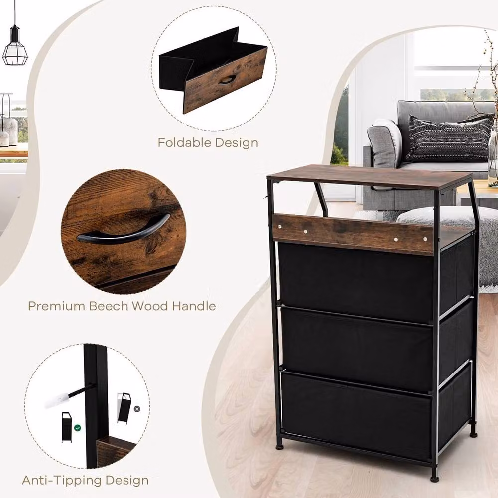VOGREX Industrial 3 Drawer Dresser Storage Cabinet with Shelf in Brown and Beech – 4