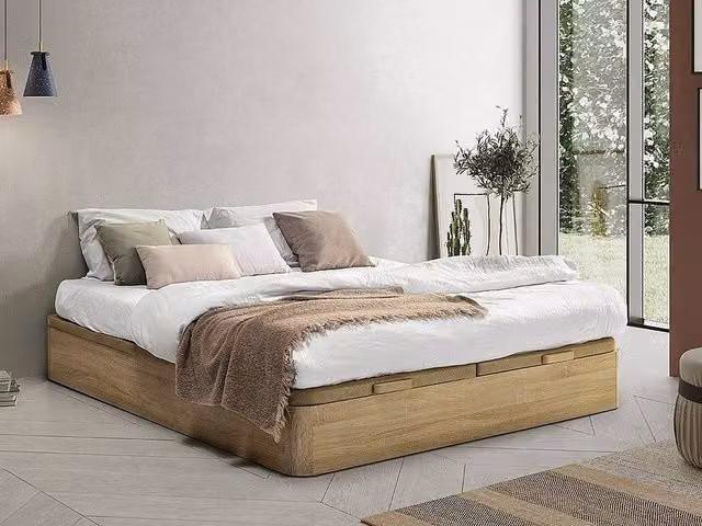 Vente-unique Hestia Ottoman Storage Bed Base in Light Oak and Beige, W/D/H: 180 x 200 x 30 cm
