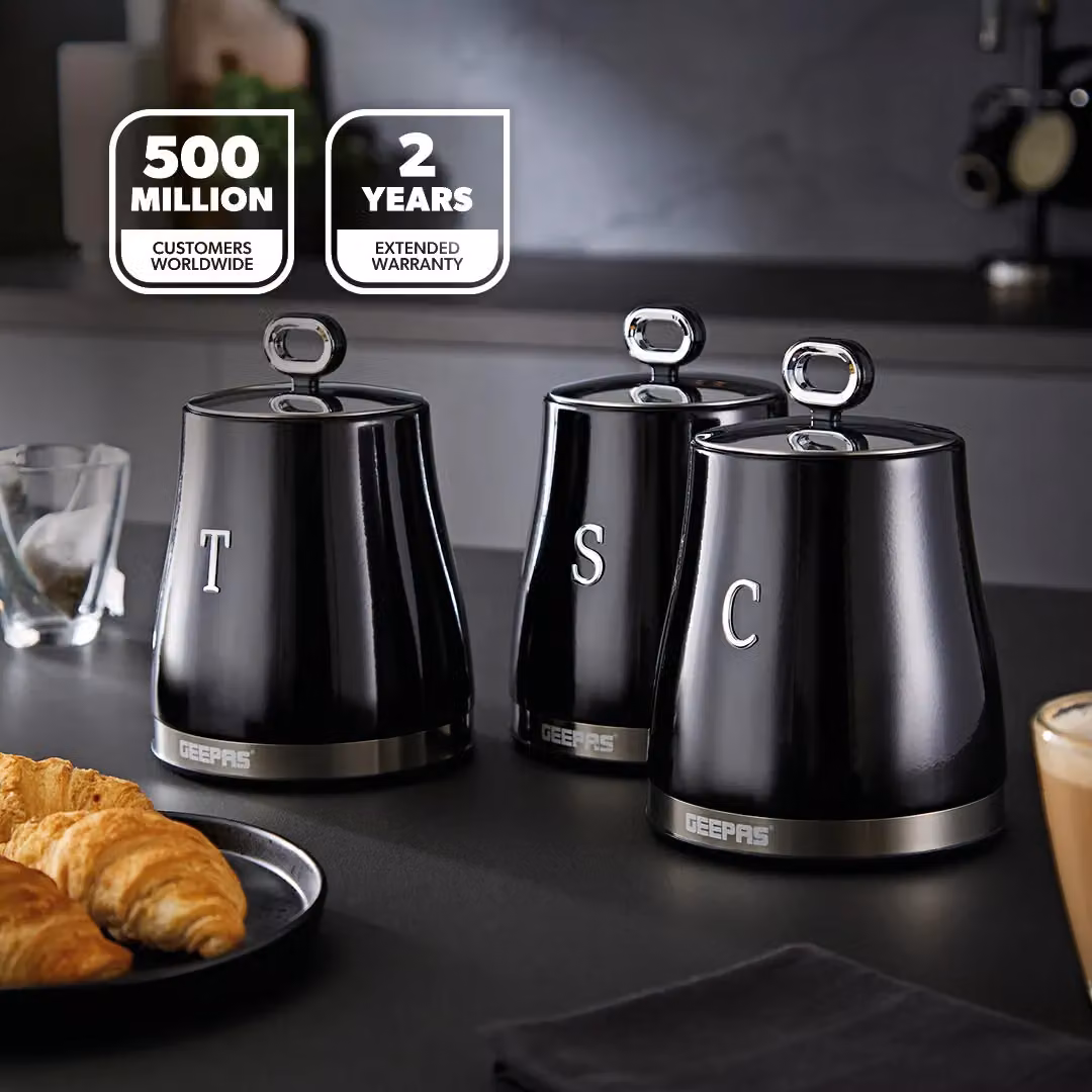 Geepas 3-Piece Airtight Tea, Coffee and Sugar Canister Set in Black Metal with 1.4 l Capacity – 2