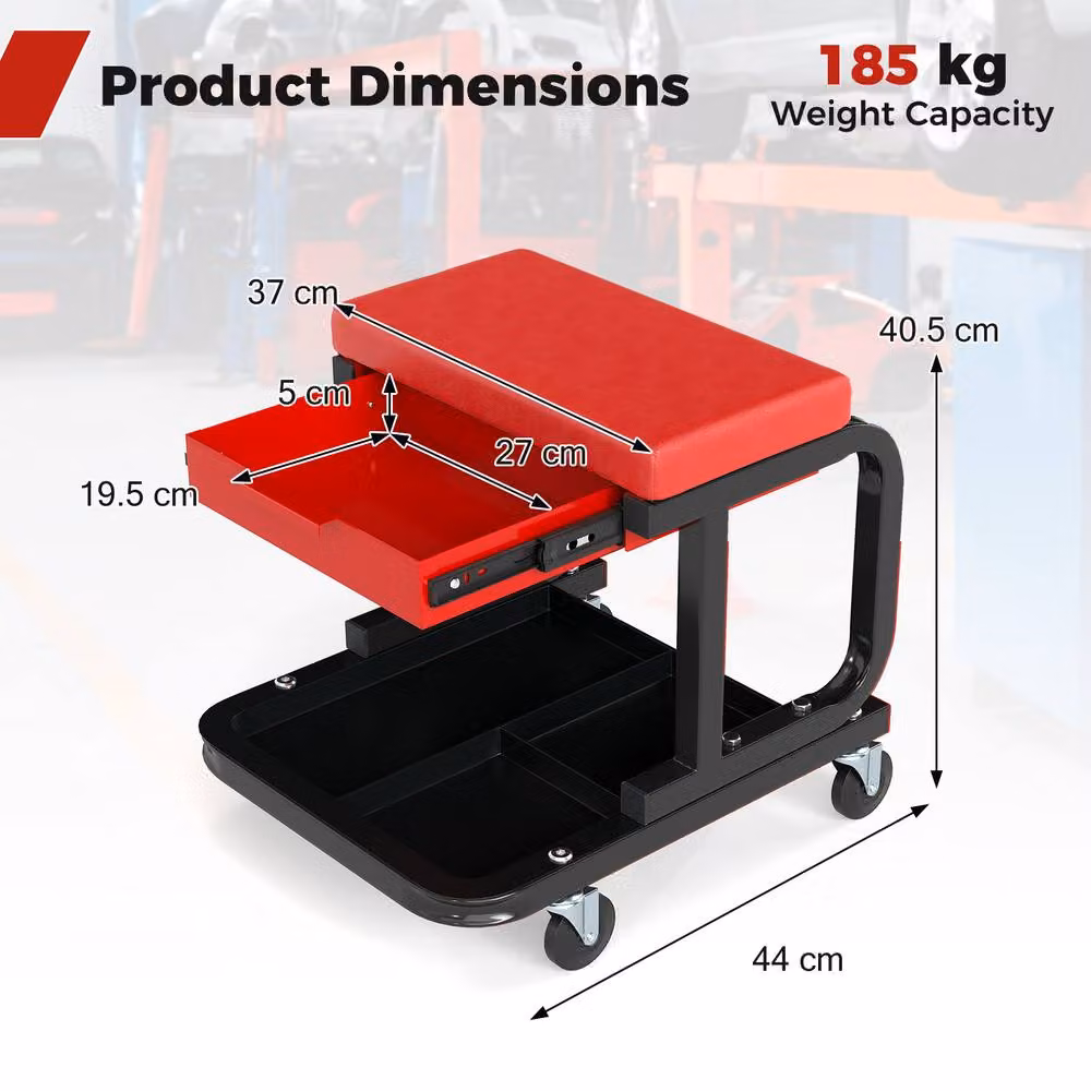 Costway Rolling Workshop Creeper Seat Padded Mechanic Stool with Drawer and Shelf in Red and Multicolour – 2