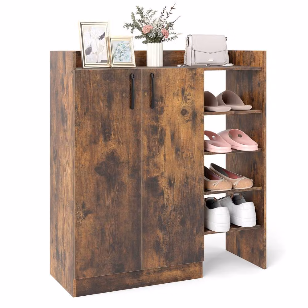 Costway Industrial Wooden Shoe Cabinet with 4 Open Shelves and Hinged Doors in Brown – 3