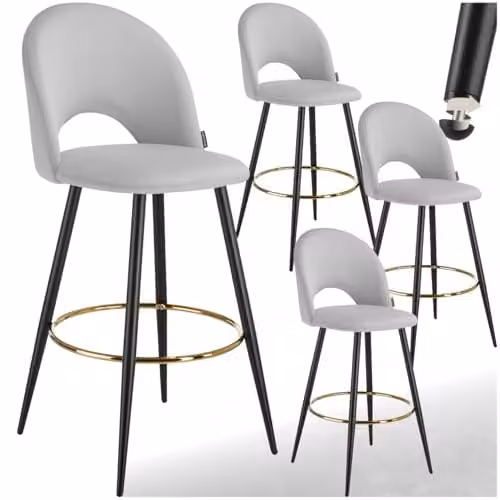 tectake Set of 4 Modern Velvet-Look Bar Stools in Light Grey and Black – 1