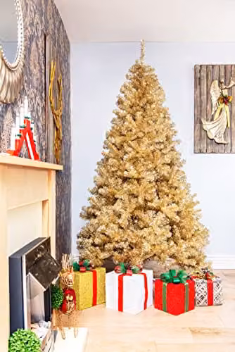 Shatchi 7ft Artificial Christmas Tree in Champagne Gold with Shiny Tinsel Tips and Hinged Branches – 2