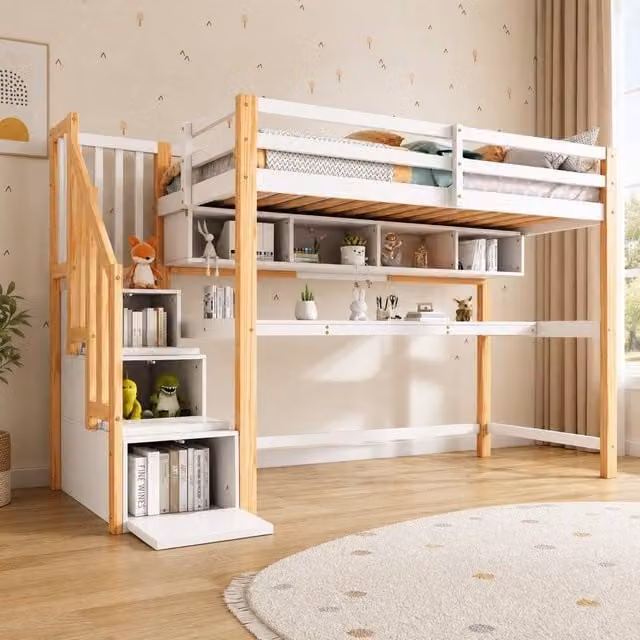 STILVORA Single Childrens Bed Frame with Storage in White and Natural Pine Wood, W/D/H: 90 x 190 x 165 cm