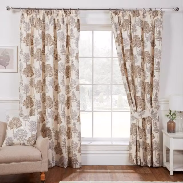 FWStyle Coppice Cream Natural Floral Pencil Pleat Thermal Insulating Opaque Curtains, Beige, W: 182.88 cm, H: 228.6 cm
