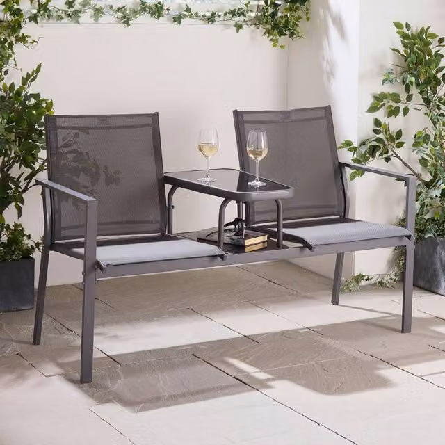 VonHaus Paris Textilene Jack & Jill Love Seat for Garden in Grey, W/D/H: 146 x 62 x 89 cm