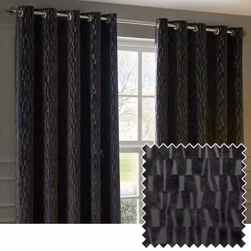Paoletti Manhattan Charcoal Grey Velvet Geometric Eyelet Curtain Pair, W: 168 cm, H: 137 cm
