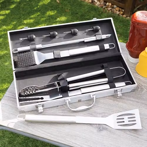 Treat Factory 10 Piece Stainless Steel BBQ Tool Set with Aluminium Carry Case in Silver and Multicolour – 3