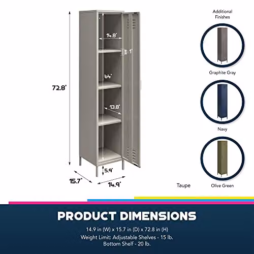 DHP Bradford Single Metal Storage Cabinet Grey H 185.0 x W 38.0 x D 40.0 cm – 3