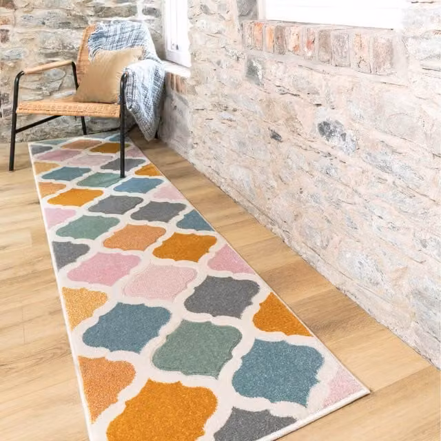 The Rug House Trellis Geometric Carved Rug, Multicolour and Pink, W: 240 cm, D: 60 cm