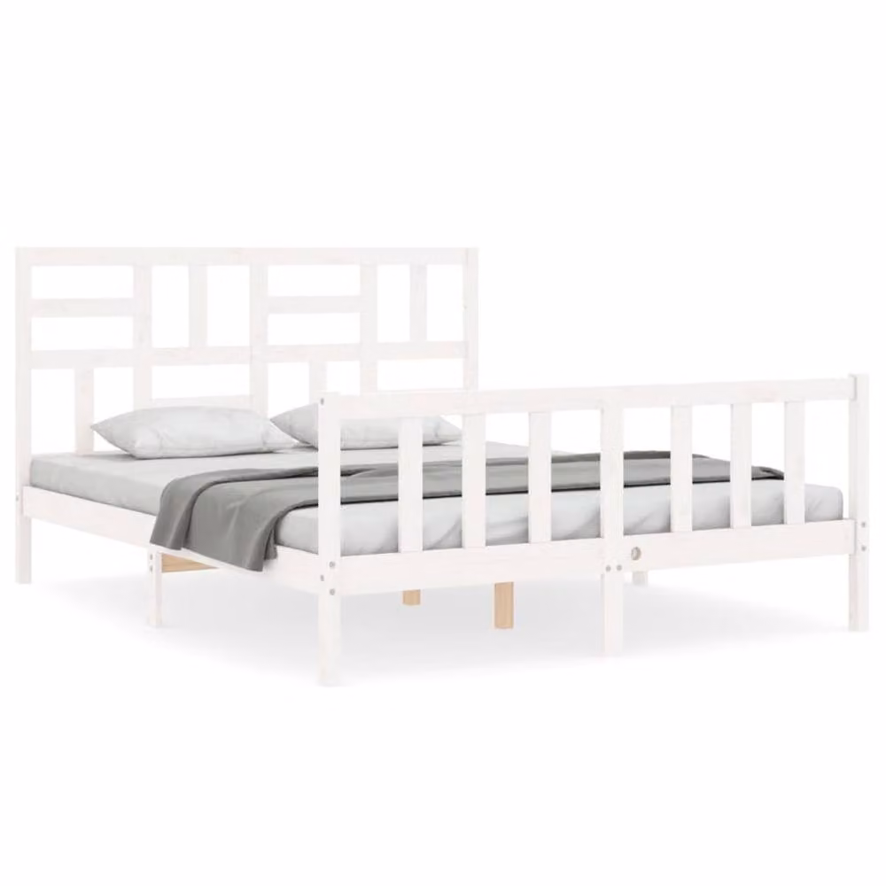 Berkfield Home Beautiful Solid Wood Bed Frame with Headboard in White, W/D/H: 160 x 200 cm – 2