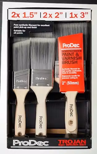 ProDec Trojan 5-Piece Synthetic Angled Paint Brush Set with Wood and Metal Handles in Grey and Multicolour for Water-Based Paints – 3