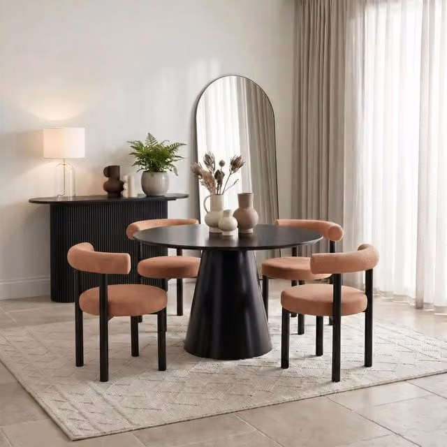 Furniturebox UK Palma Round Black Semi Gloss Dining Table and 4 Isola Chairs in Terracotta
