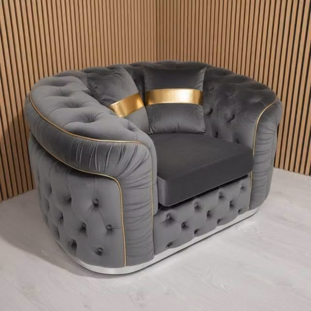 Stratus Interiors Ambassador Chesterfield Sofa in Mid Grey Plush Velvet with Gold Trim