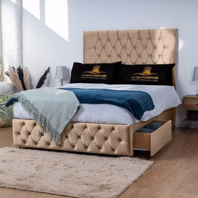 UK Bed Furniture Monaco Divan Bed with 2 Drawers and 26 Inch Headboard, Beige, W/D/H: 180 x 200 cm