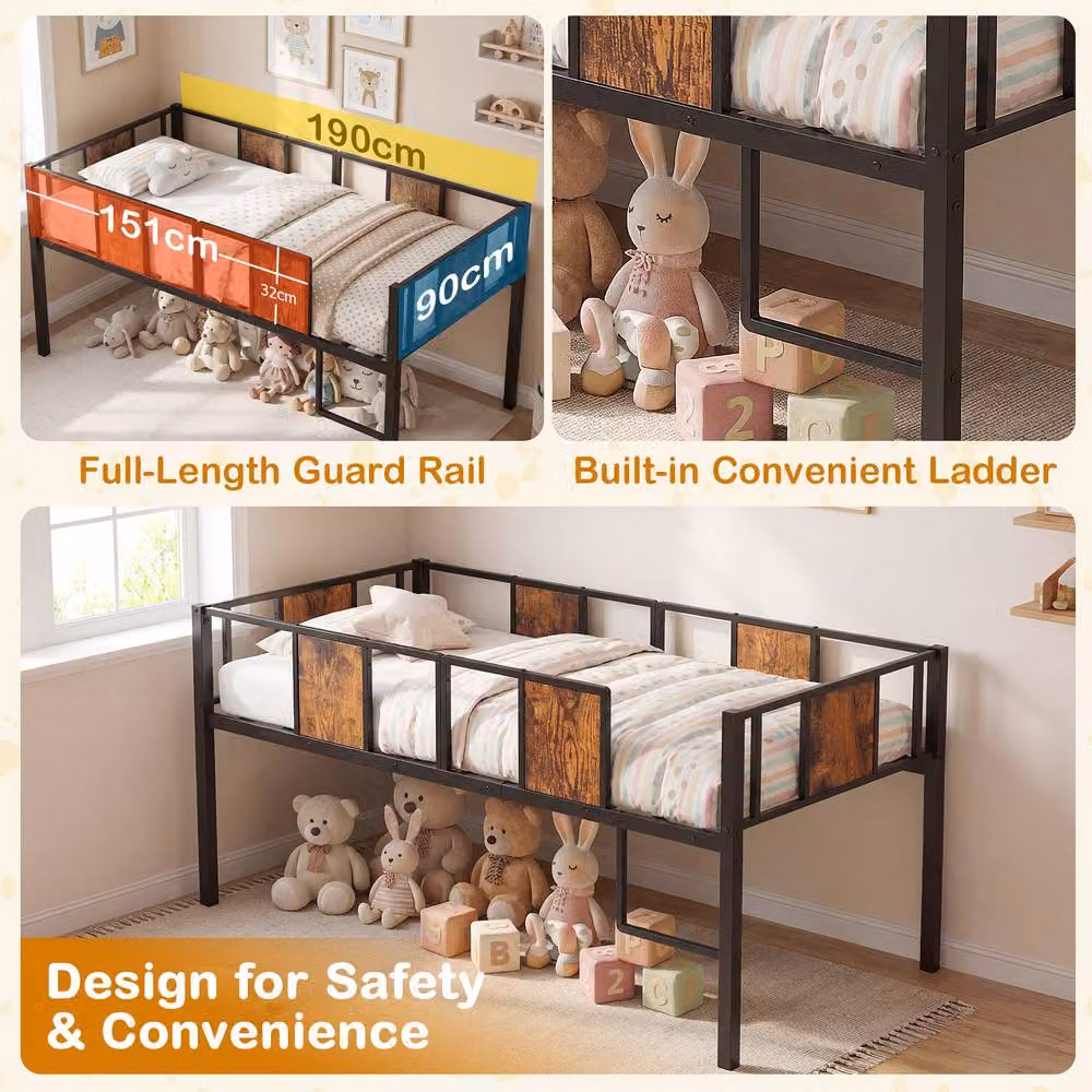 Costway Single Kids Low Loft Bed with Ladder and Guardrail in Brown Metal – 7