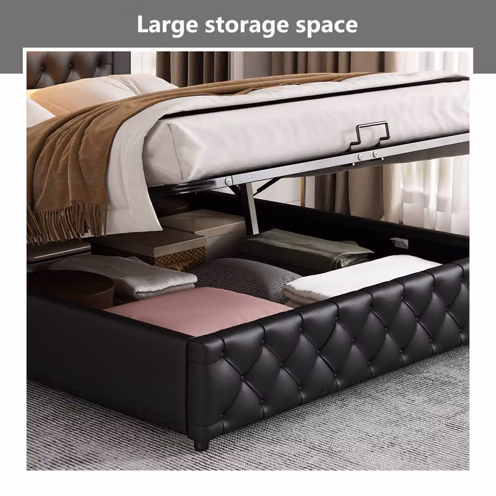BTM Black PU Upholstered Double Bed with LED Under-Bed Lighting and Lift-Up Storage W/D/H: 135 x 190 x 39 cm – 2