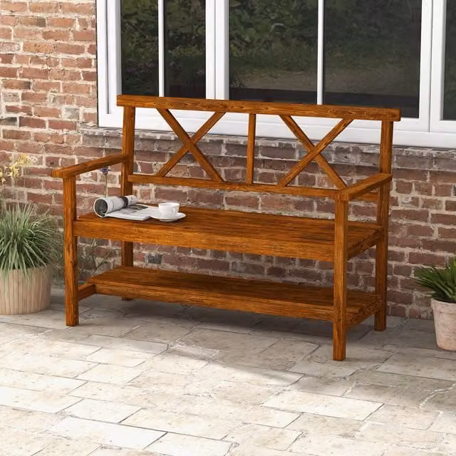 Outsunny 2-Seater Garden Bench with Storage Shelf, Backrest Slat Seat and Armrests in Brown Carbonised Wood Finish