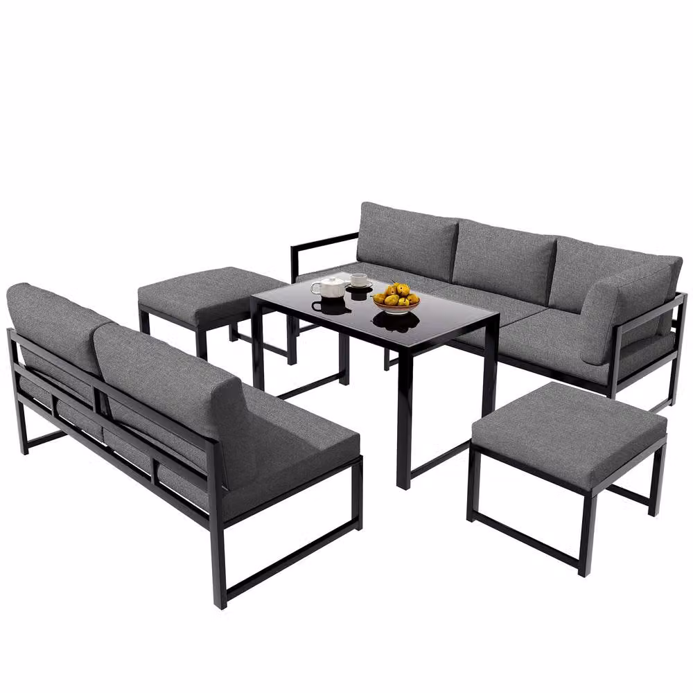 HomeTouch 5-Piece Outdoor Sofa Set with Adjustable Backrest, Stools and Coffee Table in Grey – 7
