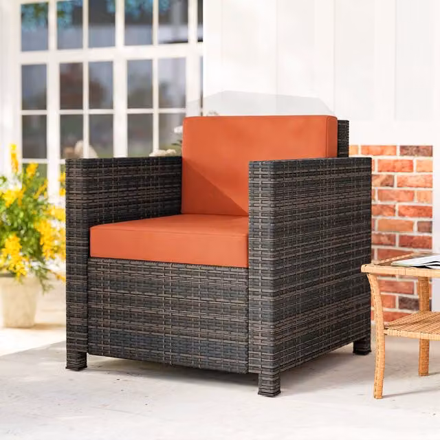 Outsunny Single Rattan Garden Armchair with Grey Cushions and Orange Frame