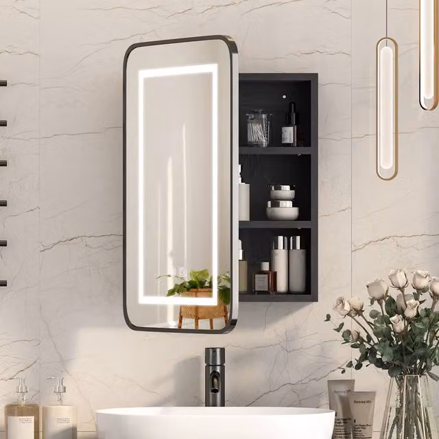 KEEPREAPER Sleek Black Bathroom Mirror Cabinet with 3-Colour LED Lighting and Anti-Fog Function, W: 40 cm, H: 60 cm