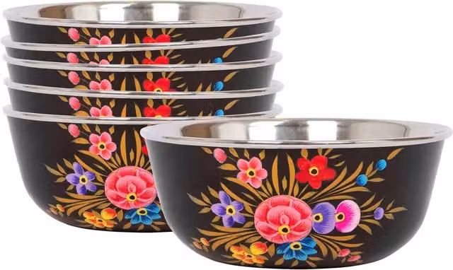Billy Can Hand-Painted Floral Picnic Snack Bowls, Carbon Pansy, Black, Pack of 6, Diameter: 14.5 cm
