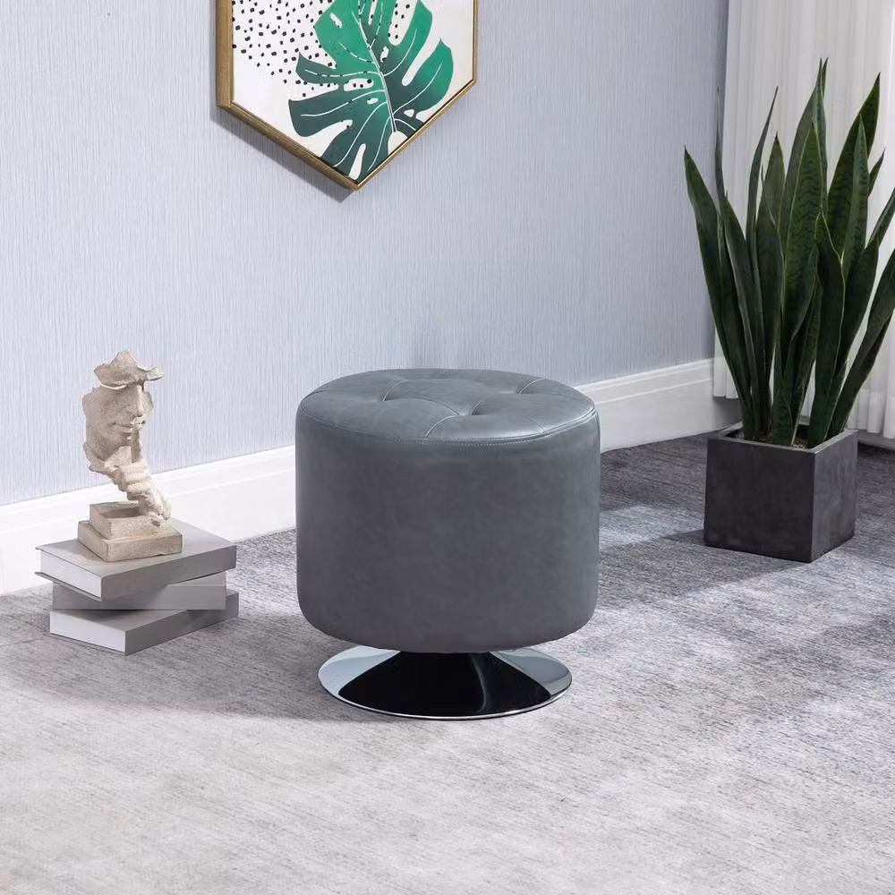 KORVIXA Grey Round Swivel Footstool in Synthetic Leather – 3