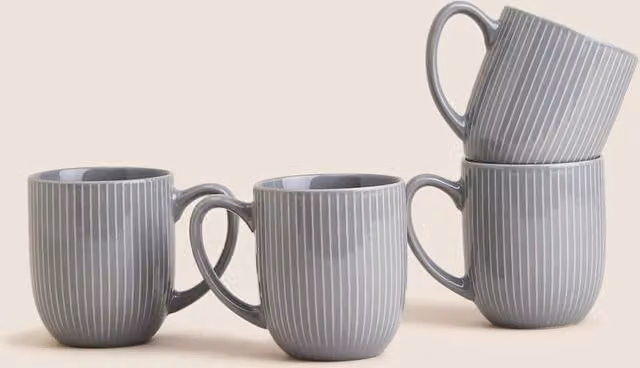M&S Set of 4 Grey Textured Striped Ceramic and Bone China Mugs
