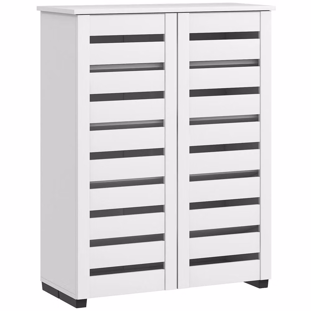 HOMCOM White Shoe Storage Cabinet with Hinged Slatted Doors and Internal Shelves for 15 Pairs of Shoes – 2