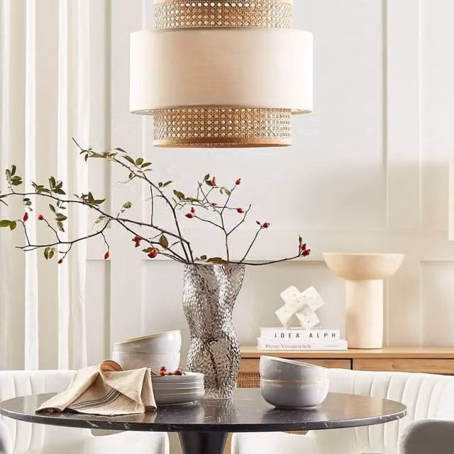 Wyld and Coco Double-Shade Pendant Lamp in Beige Rattan and Fabric with Gold/Brass Accents – 1