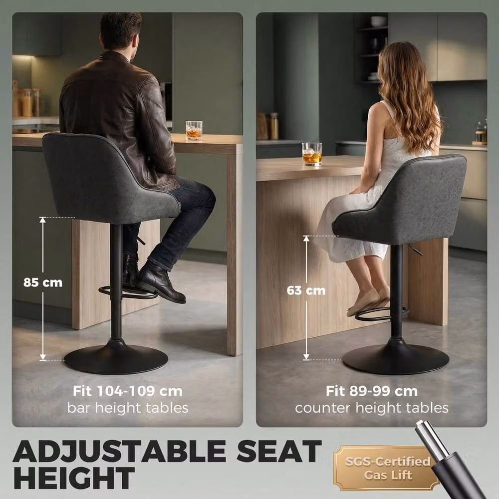 SPETLEK Set of 2 Grey Adjustable Swivel Bar Stools with PU Leather Upholstery – 5