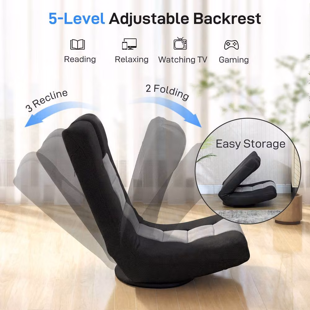 STILVORA Modern Floor Chair with 360 Degree Swivel Base and Adjustable Backrest in Black Fabric – 6