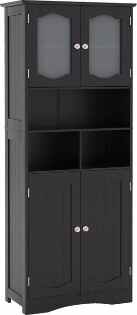 Gymax Freestanding Tall Bathroom Cabinet with Glass Doors and Adjustable Shelves in Matt Black – 1