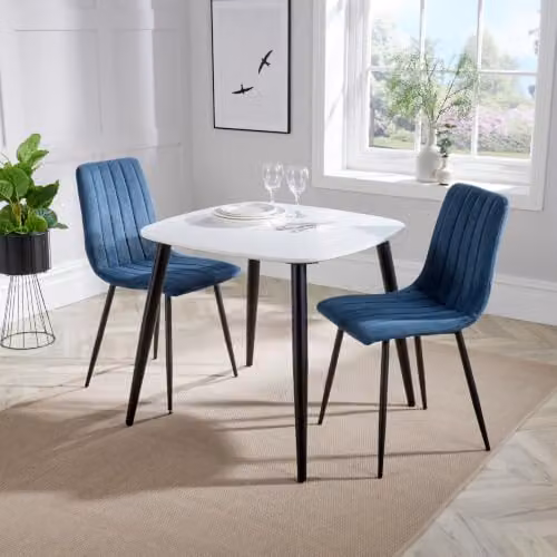 Core Products Aspen 3-Piece Dining Set with Square White Wood Table and 2 Blue Upholstered Fabric Chairs with Black Metal Legs – 2