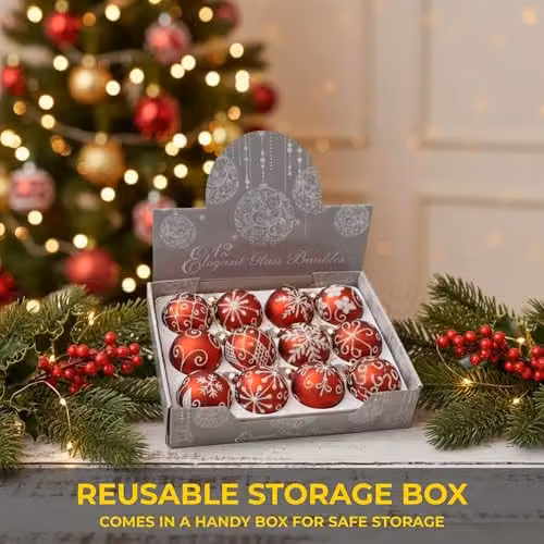 Shatchi 12-Piece Set of Glass Christmas Baubles in Red, White and Gold with Floral and Abstract Designs, Diameter: 8 cm – 2