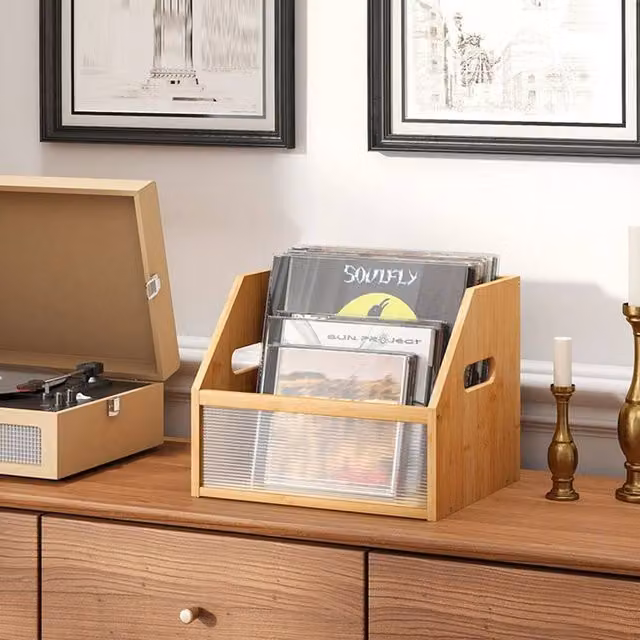 VOGREX Bamboo Desktop CD DVD Disc Storage Shelf Box, Beige, W: 30.0 cm, D: 28.0 cm, H: 30.0 cm