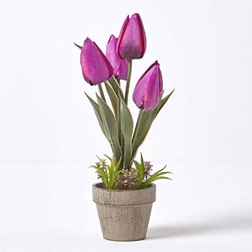 Homescapes Artificial Purple Tulips in a Grey Stone Pot, Height: 27 cm