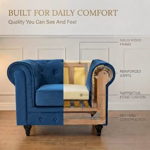 Bravich Velvet Chesterfield Armchair in Blue, W/D/H: 110 x 90 x 78 cm – 4