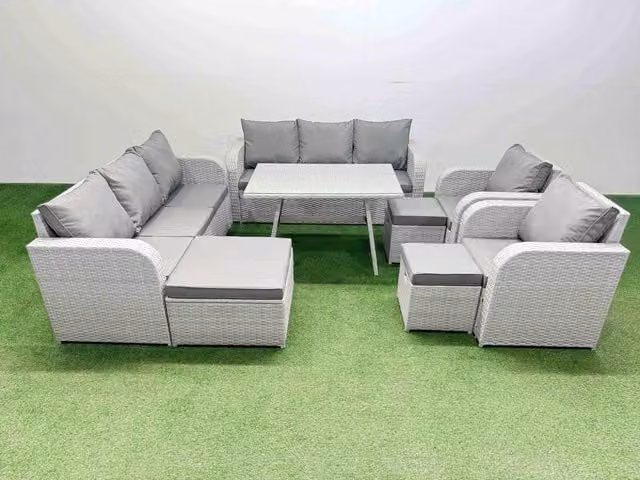 Fimous Rattan High Back Lounge Sofa Set with Reclining Chairs and 3 Stools in Light Grey
