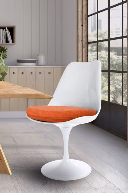 Fusion Living White Tulip Swivel Dining Chair with Orange Velvet Cushion