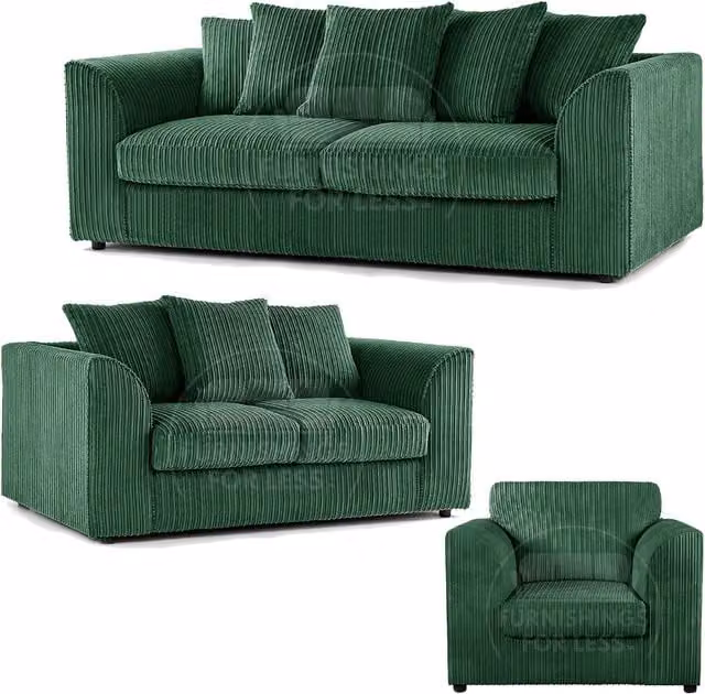 Furnishings For Less UK Luxor Jumbo Cord 3 Piece Fabric Sofa Suite in Green with Scatter Back Cushions – 1