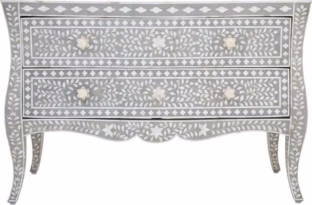 Fifty Five South Fusion Grey Mango Wood 2 Drawer Chest with Mother of Pearl Floral Inlay