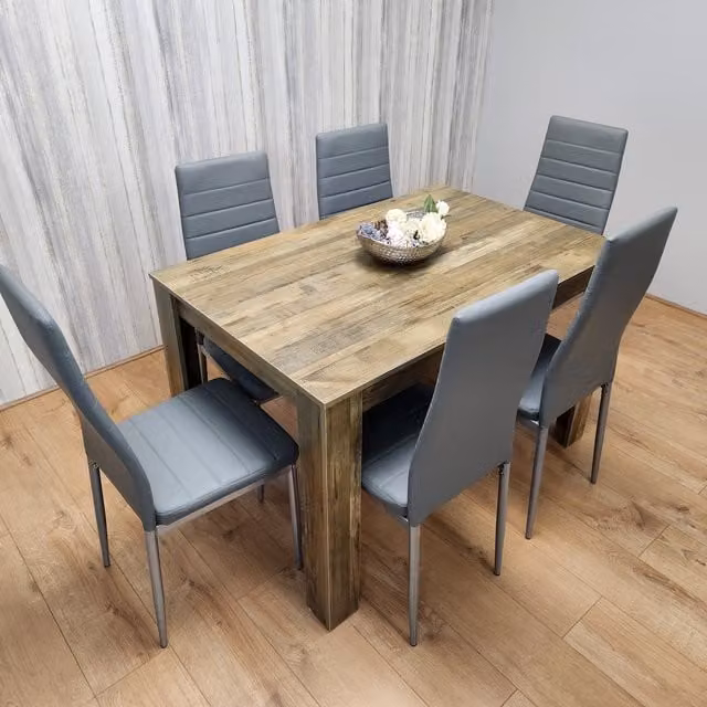 Kosy Koala Rustic Effect Dining Table with 6 Grey Metal Chairs