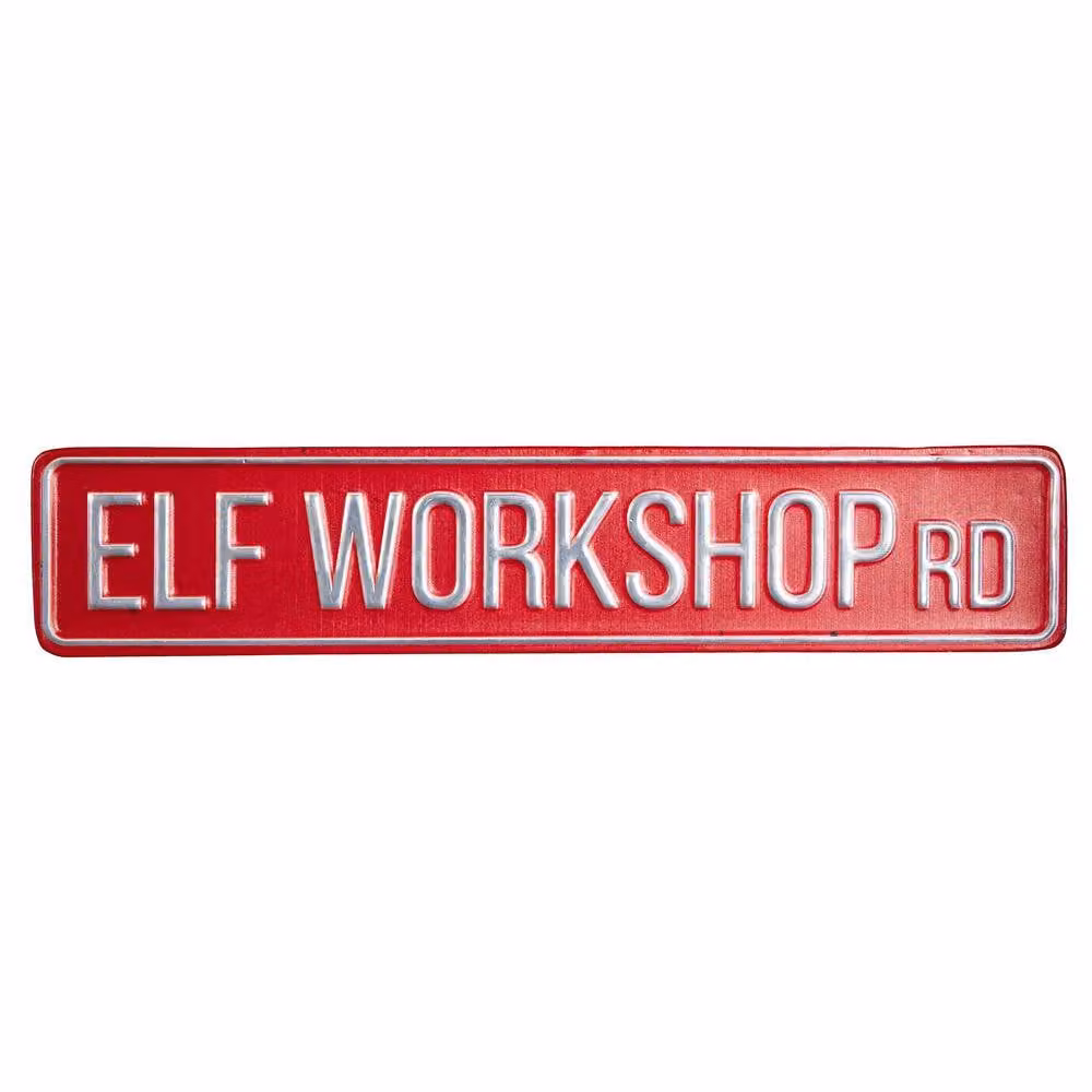 Samuel Alexander Red Metal Christmas Elf Workshop Hanging Road Sign Decoration – 3