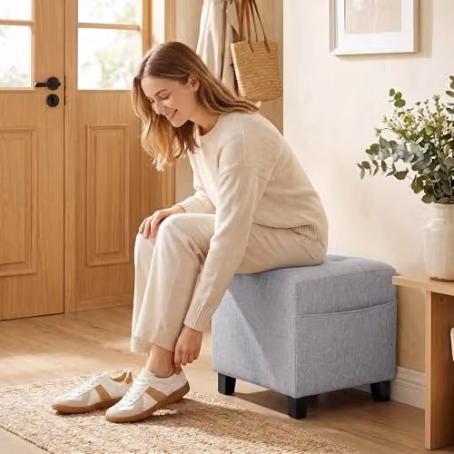 HOMCOM Small Square Fabric Ottoman Footstool in Grey, W/D/H: 35 x 35 x 35 cm – 5