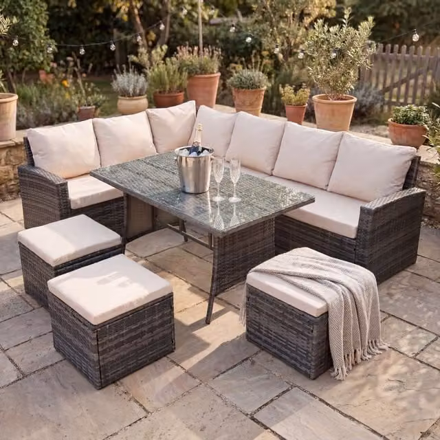 Home Garden Direct Dartmouth 9-Seat Corner Rattan Dining Sofa Set in Beige and Grey