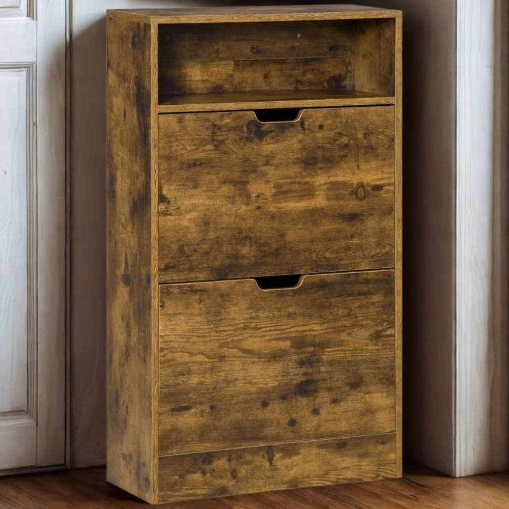 FURNOS Rustic Brown Hallway Shoe Storage Cabinet with 2 Drawers and Open Shelf, W/D/H: 60 x 24 x 102 cm – 2