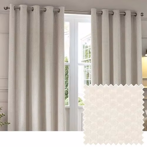 Paoletti Neptune Ivory Velvet Geometric Blackout Eyelet Curtains, H 229 cm x W 229 cm – 1